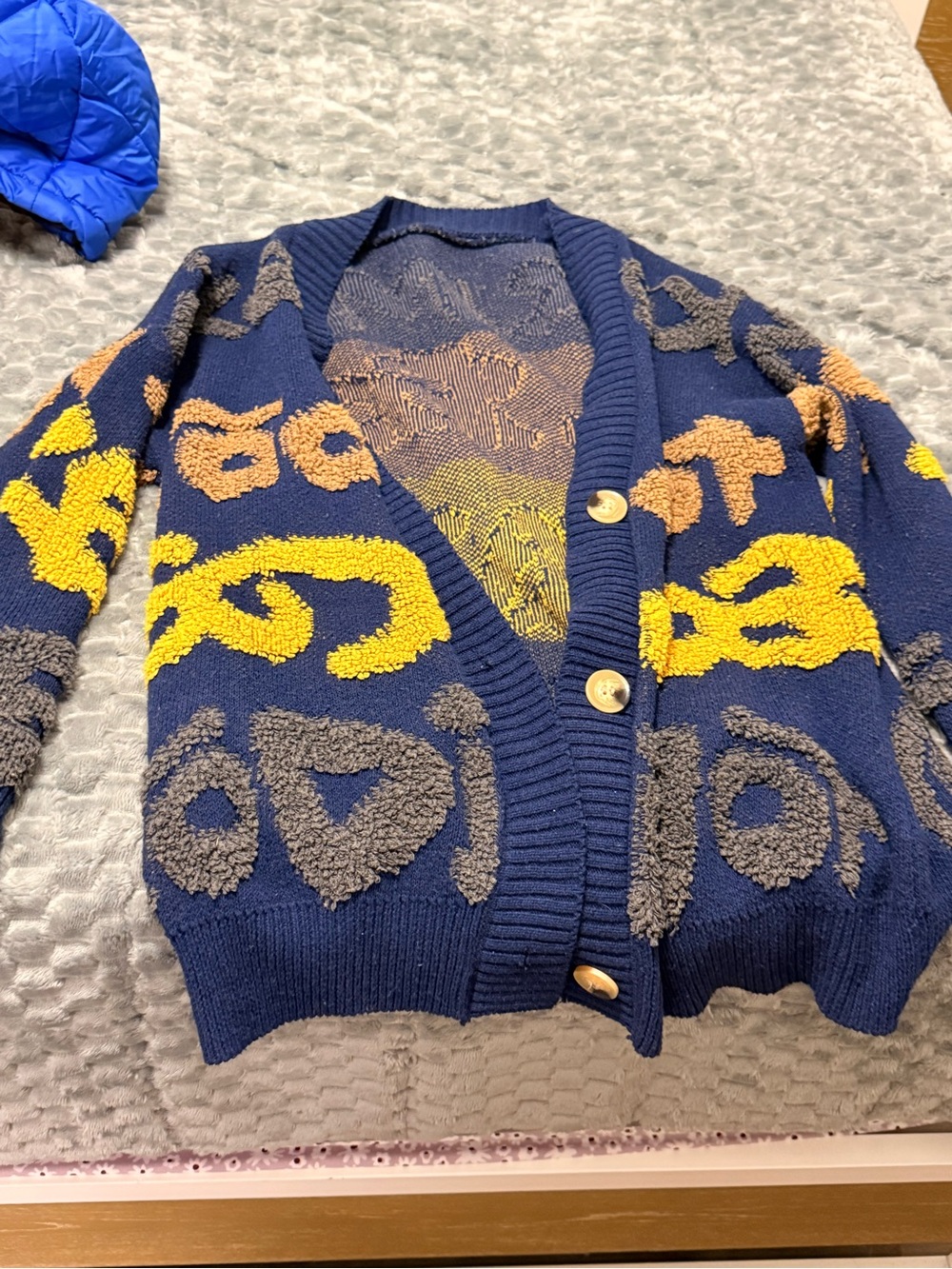 SHEIN Navy Blue Chunky Button-Up Cardigan with Yellow & Gray Accents